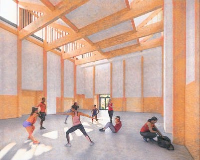 An artist impression of the permanent community centre for Northstowe. A large main hall is shown with a gymnastics class taking place. With thanks to CZWG Limited.