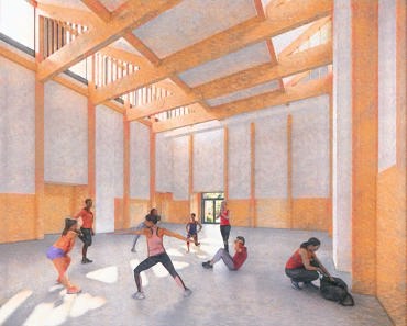 An artist impression of the permanent community centre for Northstowe. A large main hall is shown with a gymnastics class taking place. With thanks to CZWG Limited.