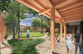 An artist impression of the permanent community centre for Northstowe. The outdoor courtyard area is shown and includes tables and chairs, benches and planting. With thanks to OKRA.