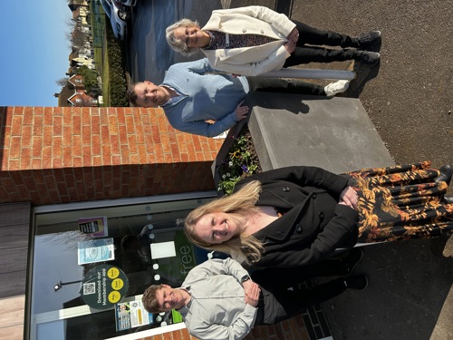 District Cllr Helene Leeming, Joel Mattless from the Co-Op, District Cllr Henry Batchelor and Cambourne Town Cllr Fran Panrucker outside the new planter at Lower Cambourne Co-Op.