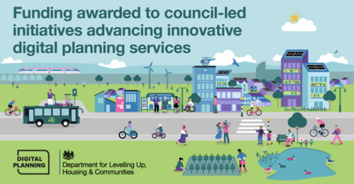 A graphic that reads: Funding awarded to council-led initiatives advancing innovative digital planning services. Along with the text, there is a graphic image showing buildings, the sky, a road, renewable energy schemes and people going about their business.