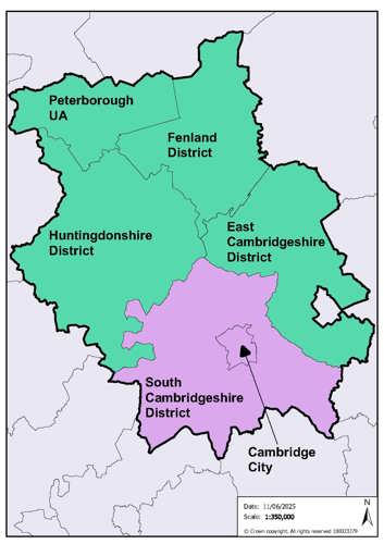 A map showing Cambridgeshire and Peterborough. The bottom section shows South Cambridgeshire and Cambridge shaded purple. The top section shows East Cambridgeshire, Huntingdonshire, Fenland and Peterborough shaded green.
