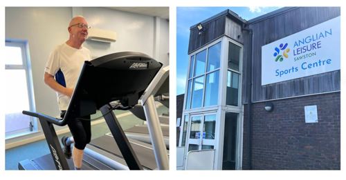Collage of Mike using the treadmill, and the exterior of Sawston Sports Centre